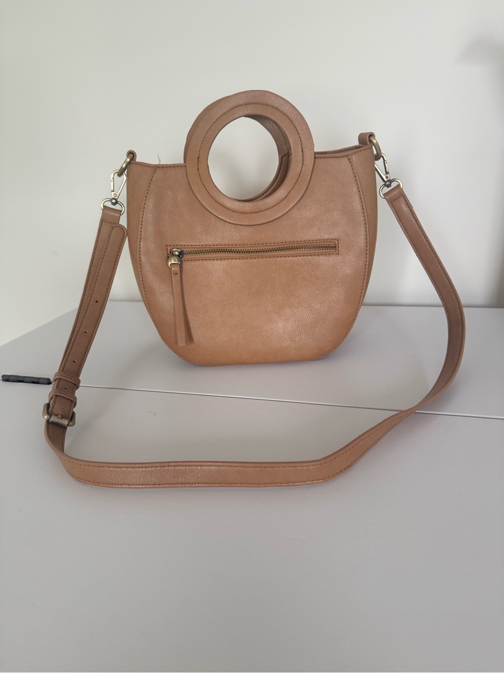 Joy Susan Tan Crossbody Handbag with Round Handles